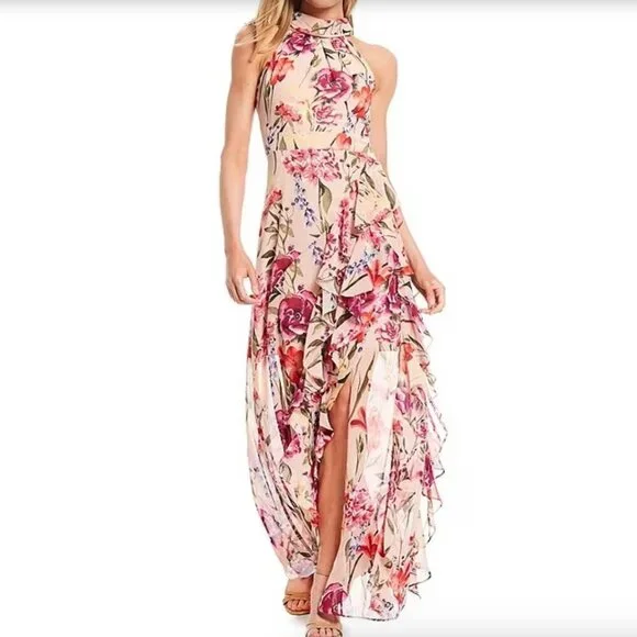 Eliza J | Halter Neck Floral Print Chiffon Sleeveless Side Slit Cascade Ruffle - Picture 1 of 11